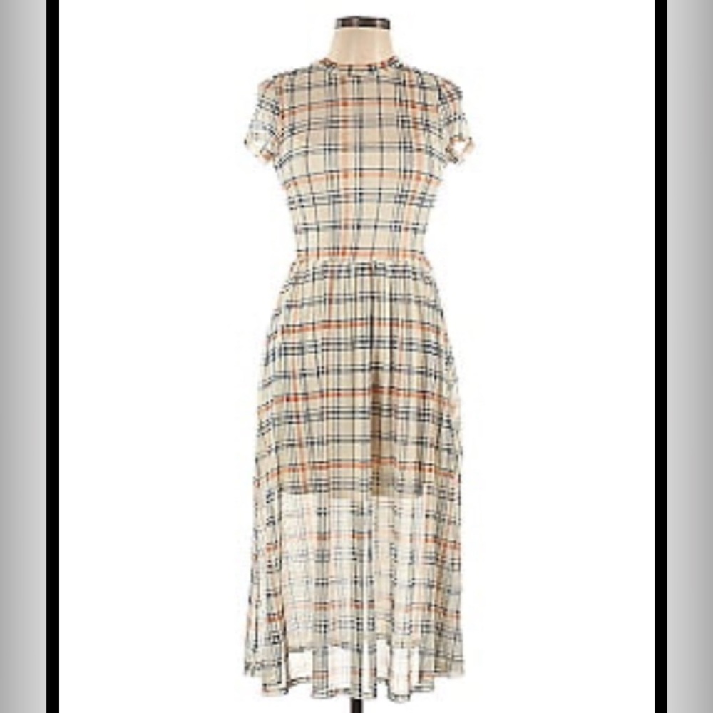 A.U.W Cream Plaid Navy Tan Mesh Short Sleeve Midi Dress Academia Style Size XL